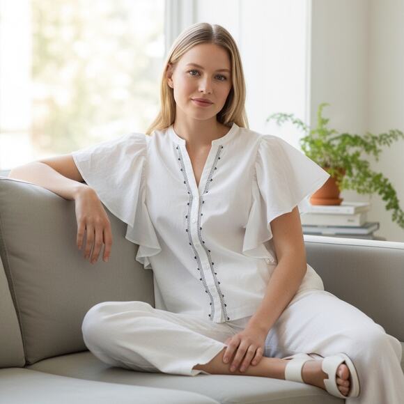 C&A White Bohemian Cap Sleeve Blouse XL Button Front Blue Decor Indie Capsule - Picture 1 of 8